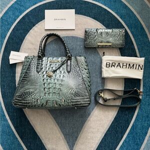Brahmin Teal Croc-Embossed Leather Satchel with Wallet